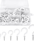 Plastic storage box filled with various sizes of white screw hooks displayed in compartments, with hooks shown separately below.