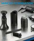 Heavy Duty Screw Jack Set For Leveling Milling And Drilling Machines With A 2.25 To 3.72 Inch Range And A 1.25 Inch Base Diameter 1000 Lbs Capacity Includes Interchangeable Bases Extensions And Carrying Case on a workbench with tools