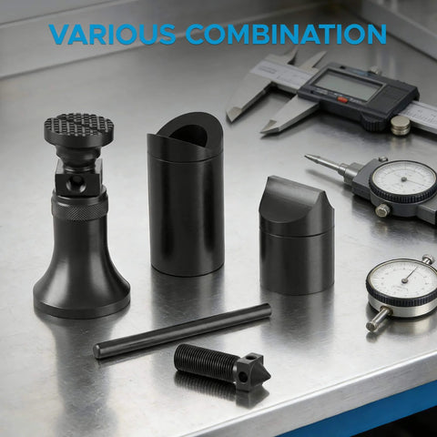 Heavy Duty Screw Jack Set For Leveling Milling And Drilling Machines With A 2.25 To 3.72 Inch Range And A 1.25 Inch Base Diameter 1000 Lbs Capacity Includes Interchangeable Bases Extensions And Carrying Case on a workbench with tools