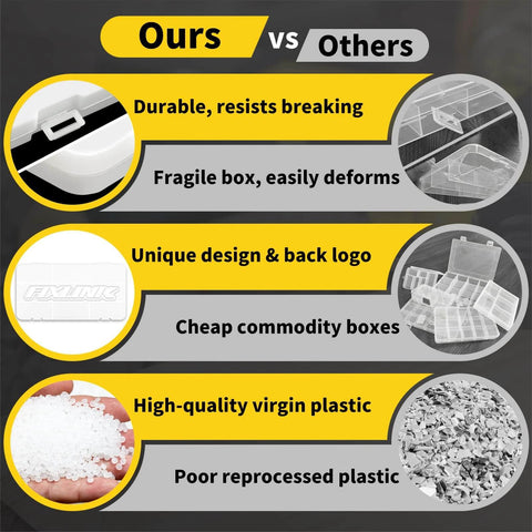 Comparison chart showing the durability and quality differences between two types of plastic storage boxes.