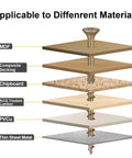 Diagram showing deck screw penetrating layers: MDF, composite decking, chipboard, ACQ treated lumber, PVCu, thin sheet metal.