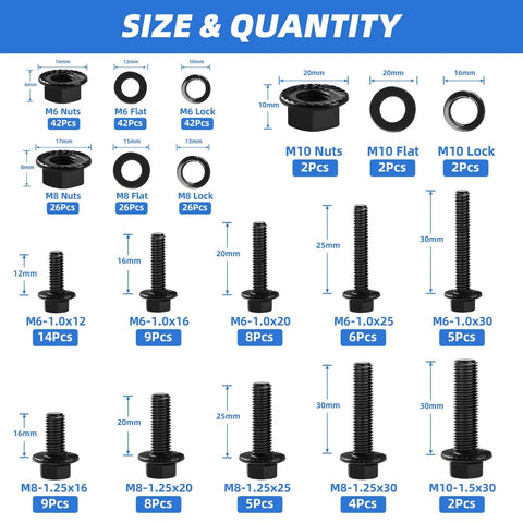 280Pcs Metric Flange Bolt Assortment, M6x1.0, M8x1.25, M10x1.5 sizes with nuts, washers in black zinc for automotive use, size chart