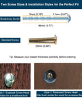 Two screw options for 4 Pack Antique Brass Bail Drawer Pulls Oval Drop Swing Handles with measurements and installation styles.