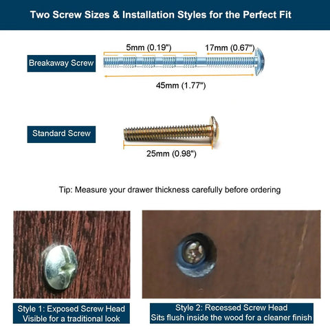 Two screw options for 4 Pack Antique Brass Bail Drawer Pulls Oval Drop Swing Handles with measurements and installation styles.