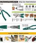 Screw removal pliers with slim head, comfortable handles, and cap for easy storage, shown in various applications and target screw sizes.