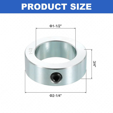 Four Piece Set Screw Shaft Collars By Uxcell, 1-1/2 inch bore, 2-1/4 inch OD, 3/4 inch width, zinc plated carbon steel, product size.