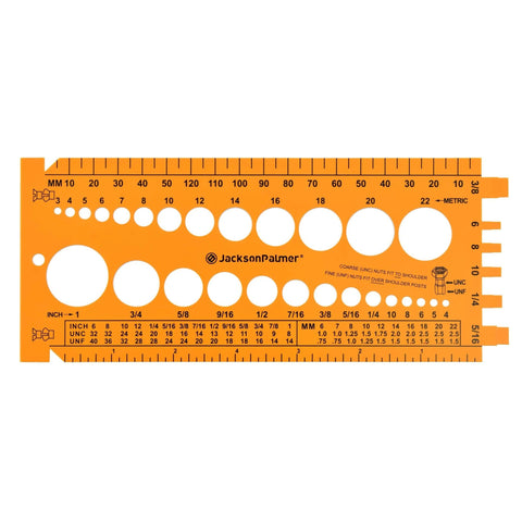 Measuring tool with holes and ruler markings for metric and inch measurements by Jackson Palmer.