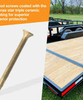 Twelve By Two And A Half Inch Reamer Tek Screws For Wood To Metal With Torx T25 Drive Self Drilling For Trailers Flatbeds Trucks Docks And More Fifty Pieces shown beside wood deck trailer.