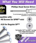 Installation guide showing a Phillips head screwdriver and compatible screws for mini self drilling drywall anchors made from glass filled nylon.