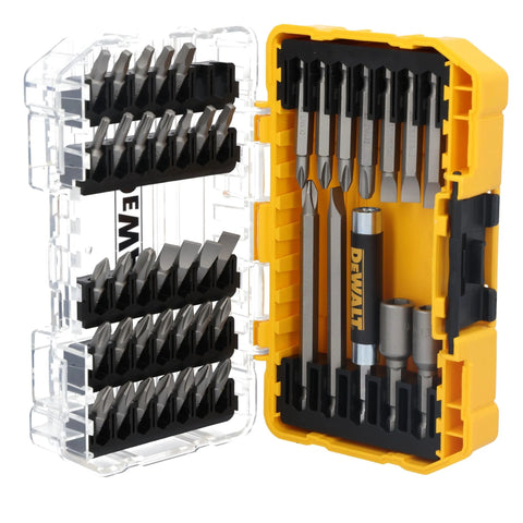 Screwdriver Bit Set With Tough Case 45-Piece Kit DW2166 Grey And Silver, clear lid showing organized bits