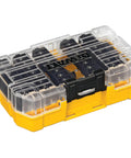 Screwdriver Bit Set With Tough Case 45-Piece Kit DW2166 Grey And Silver, clear lid, clip latch, yellow and black case.
