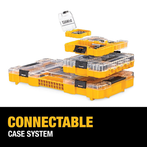 Screwdriver Bit Set With Tough Case 45-Piece Kit DW2166 Grey And Silver, Connectable Accessory Storage System, clear lid, stacked cases