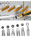 40-piece screwdriver bit set with ratchet screwdriver and magnetic bit holder displayed on pegboard