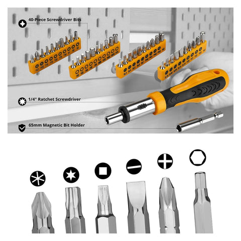 40-piece screwdriver bit set with ratchet screwdriver and magnetic bit holder displayed on pegboard