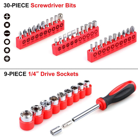 30-piece screwdriver bits and 9-piece drive sockets from 175 Piece All Purpose Tool Kit In Durable Toolbox Case For Home Auto Garage Travel Emergency DIY Projects And Everyday Repairs Perfect Housewarming Gift For DIYers.