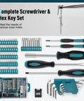 379-Piece Home Tool Kit With Portable Drawer Case For Household And Auto Repairs, display of screwdrivers and hex keys