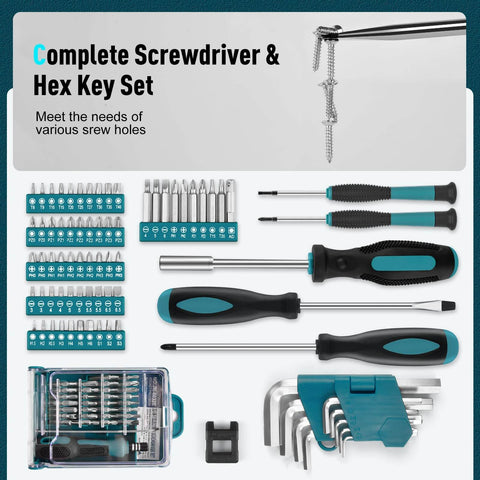 379-Piece Home Tool Kit With Portable Drawer Case For Household And Auto Repairs, display of screwdrivers and hex keys