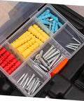 Close-up of assorted screws and wall anchors in a transparent plastic box from Grab And Go Car Repair Tool Kit With Ratchet Wrench Set For Auto And Motorcycle Maintenance Multi Function Hand Tool Kit With Screwdrivers And Sockets Portable Box For Home DIY Projects And Quick Repairs.