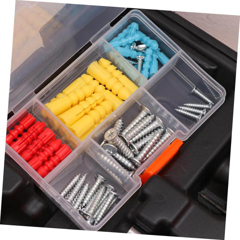 Close-up of assorted screws and wall anchors in a transparent plastic box from Grab And Go Car Repair Tool Kit With Ratchet Wrench Set For Auto And Motorcycle Maintenance Multi Function Hand Tool Kit With Screwdrivers And Sockets Portable Box For Home DIY Projects And Quick Repairs.