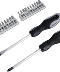 Close-up of screwdriver set with interchangeable bits from 65 Piece General Household Tool Kit Set With Carry Case Durable Steel Tools Ergonomic Non Slip Handles Handy For Everyday DIY Projects And Basic Home Repairs.