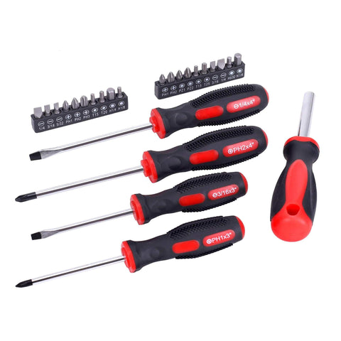 236-Piece Home Repair Tool Set With 12-Inch Wide Mouth Storage Bag, includes red screwdrivers and bit set