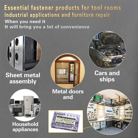 Illustration of applications for Pressure Rivet Nut Tool Kit, 430Pcs Metric Rivet Nut Combination shown with household and industrial uses.