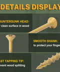 Details of Deck Screws 3 Inch, Wood Screws #10 x 3, 300 PCS, showing countersunk head, smooth shank, and fast tapping tip