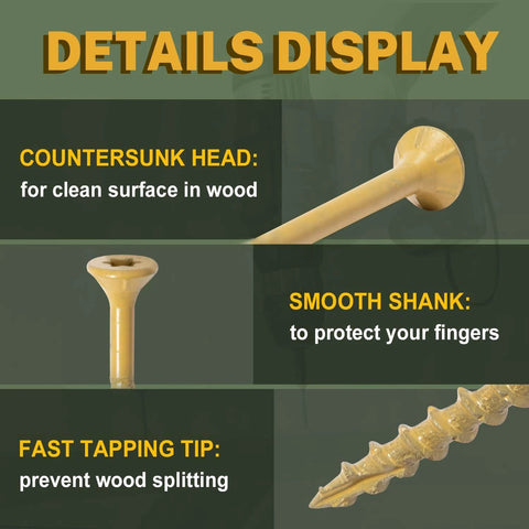 Details of Deck Screws 3 Inch, Wood Screws #10 x 3, 300 PCS, showing countersunk head, smooth shank, and fast tapping tip
