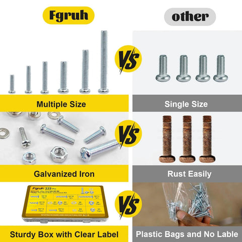 Comparison of Fgruh 225 Pcs Screws and Nuts Assortment Kit with M4 M5 M6 Phillips Pan Head Bolts vs Other Products.