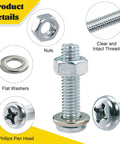 225 Pcs Screws and Nuts Assortment Kit with M4 M5 M6 Phillips Pan Head Bolts Nuts and Washers Silver Finish close-up view.