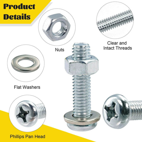 225 Pcs Screws and Nuts Assortment Kit with M4 M5 M6 Phillips Pan Head Bolts Nuts and Washers Silver Finish close-up view.