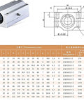 Diagram and specifications for SCS10UU bearing for Two 10mm 600mm Chrome Plated Linear Shaft Rods With Four SK10 Fixed Shaft Supports Kit.