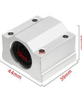 SCS13UU Linear Ball Bearing Slide Block Set, 13mm bore, aluminum housing, side view with dimensions for CNC and DIY systems