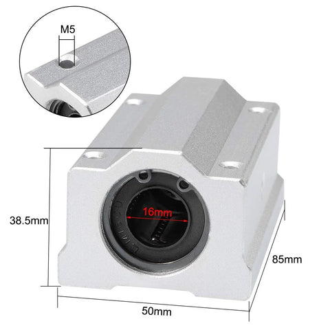 SCS16LUU Linear Ball Bearing Slide Block Unit 16mm Bore, aluminum alloy housing, 85x50mm dimensions, close-up with size details