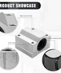 Aluminum SCS20UU linear bearing slide block with 20mm bore and mounting holes (angled front view)
