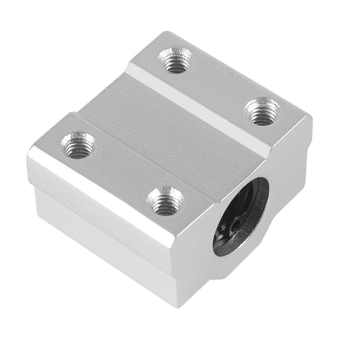 Close-up of aluminum SCS6UU linear ball bearing slide block, 6mm bore for CNC machines and 3D printers with dustproof double seals.
