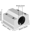 SCS8UU 8mm Bore Linear Ball Bearing Slide Block with dimensions for CNC machines and 3D printers, aluminum housing