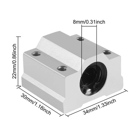 SCS8UU 8mm Bore Linear Ball Bearing Slide Block with dimensions for CNC machines and 3D printers, aluminum housing