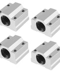 Four SCS8UU 8mm Bore Linear Ball Bearing Slide Blocks for CNC Machines and 3D Printers, aluminum housing, front view
