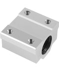Front view of SCS8UU 8mm Bore Linear Ball Bearing Slide Block, aluminum housing, sealed sides, for CNC and 3D printers, 34mm OD, 30mm length.