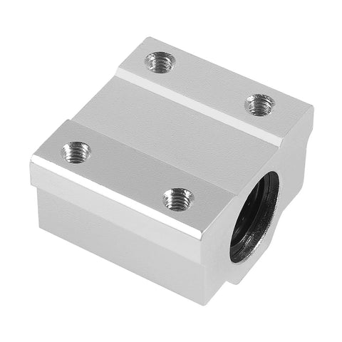 Front view of SCS8UU 8mm Bore Linear Ball Bearing Slide Block, aluminum housing, sealed sides, for CNC and 3D printers, 34mm OD, 30mm length.