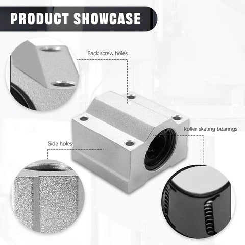 Product showcase of 4Pcs SCS8UU Linear Motion Ball Bearing Slide Block with aluminum bushing, showing side holes and roller skating bearings.