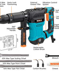 Powerful 1300W SDS Max Demolition Hammer Delivers Fast Concrete Breaking and Floor Tile Removal With 12 Pound Weight, 4100 BPM, and 15 Joules of Impact Energy, Ideal for Renovation, Construction, and Masonry Chipping With Carrying Case and Three Chisels, with labeled features and accessories.