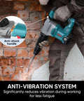 Person using lightweight SDS-Max demolition hammer for efficient concrete breaking with 11 Amp power, showing anti-vibration system.