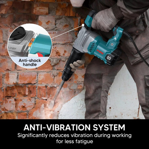 Person using lightweight SDS-Max demolition hammer for efficient concrete breaking with 11 Amp power, showing anti-vibration system.