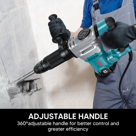 Person using Lightweight SDS-Max demolition hammer for efficient concrete breaking with 11 Amp power, vibration control, aluminum shell
