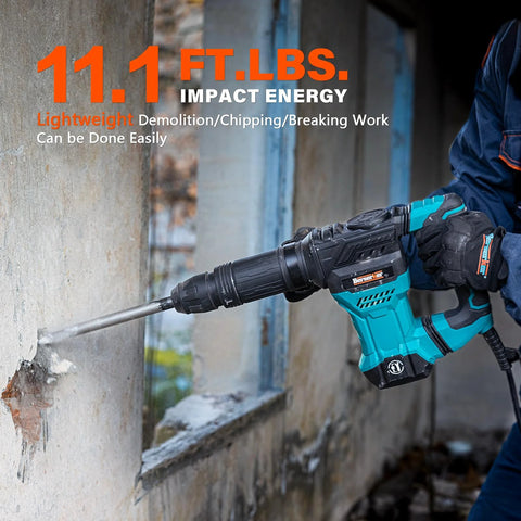Person using a blue and black demolition hammer on a concrete wall, labeled with "11.1 FT.LBS. Impact Energy" text overlay.