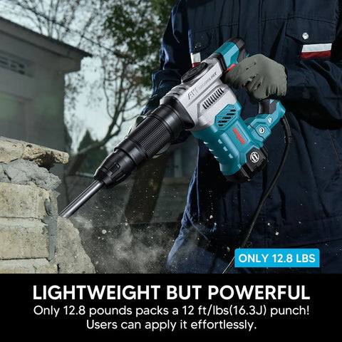 Person using a lightweight SDS-Max demolition hammer for efficient concrete breaking with 11 Amp power, vibration control, and aluminum shell.