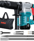 Lightweight SDS-Max demolition hammer for efficient concrete breaking with 11 Amp power, vibration control, aluminum shell, chisels, handle, tool bag, grease.