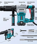 Lightweight SDS-Max demolition hammer for efficient concrete breaking with 11 Amp power, vibration control, and aluminum shell shown with components and features.